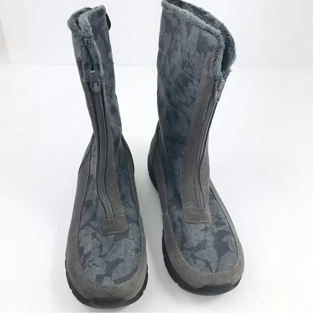Land’s End Gray Suede Floral Canvas Front Zip Faux Fur Lined Thermolite Boot NEW